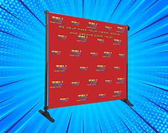 Fondo de tela con estampado de repetición + soporte + estuche de transporte incluidos / Fondo para ferias comerciales, eventos personalizados, bodas, fiestas, cumpleaños. Desde Wisconsin.