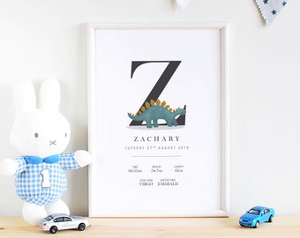 May include: A white framed print with a black letter Z and a green dinosaur illustration. The print includes the name Zachary, the date Tuesday 27th August 2016, and the text Time, Weight, Length, Occasion, Star Sign, Birthstone, with corresponding details.