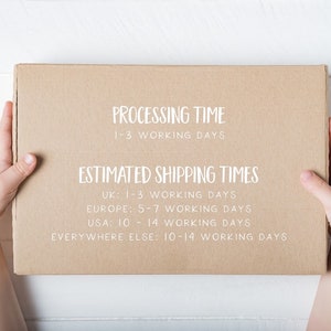 May include: A brown cardboard box with white text that reads "PROCESSING TIME 1-3 WORKING DAYS ESTIMATED SHIPPING TIMES UK: 1-3 WORKING DAYS EUROPE: 5-7 WORKING DAYS USA: 10-14 WORKING DAYS EVERYWHERE ELSE: 10-14 WORKING DAYS"