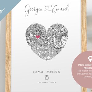 mdf wrapped oak effect photo frame with a black and white map of where the couples special ocassion took place (engaged or married). Their names in a swirly text at the top and underneath the photo is the special occasion date and location written