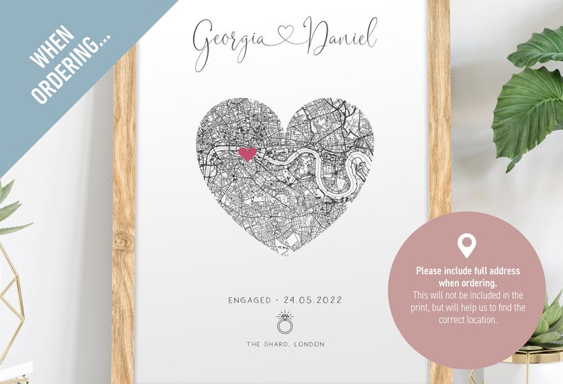 mdf wrapped oak effect photo frame with a black and white map of where the couples special ocassion took place (engaged or married). Their names in a swirly text at the top and underneath the photo is the special occasion date and location written