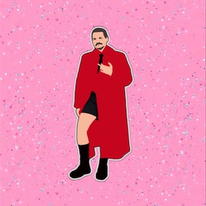 May include: A man wearing a red coat and black shorts stands with his hand on his chest. He is wearing a black tie and black boots.
