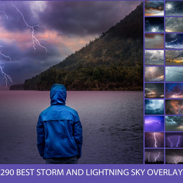 290 Sturm- und Blitzhimmel-Overlays, Sturmhimmel, Sturm-Overlay, Donner-Overlay, Bewölkter-Himmel-Overlay, dramatisches Overlay, Photoshop-Overlay