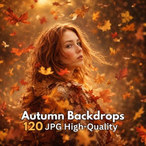 Puede incluir: Una colección digital de 120 fondos de otoño JPG de alta calidad con una persona de cabello largo y rojo rodeada de hojas de arce naranjas, amarillas y marrones. El texto Autumn Backdrops 120 JPG High-Quality aparece en la parte inferior.
