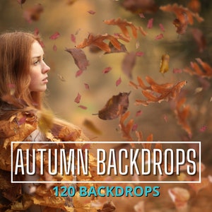 May include: A woman with red hair is framed by falling autumn leaves. The image has a blurred background and the text "AUTUMN BACKDROPS" with "120 BACKDROPS" below it, indicating a product related to photography or design.