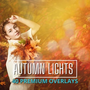 Fall Lights Overlays, Autumn Light Leaks Overlay, Lens & Sunlight Flare Overlays, Golden Bokeh Background, Sparkly Lights Backdrops