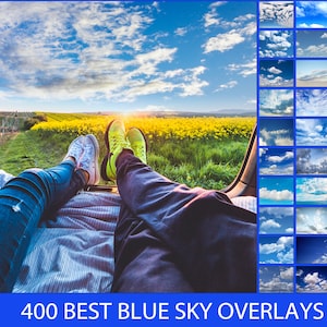 May include: A couple relaxing in the back of a car with their feet out the window. The sky is blue with white clouds and a field of yellow flowers is visible in the background. The text "400 BEST BLUE SKY OVERLAYS" is at the bottom of the image.
