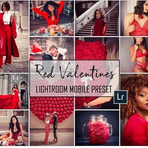 Puede incluir: Un collage de imágenes con temática roja de San Valentín. Las imágenes incluyen una mujer con un abrigo rojo, una pareja abrazándose, un ramo de rosas rojas, una mujer con lencería roja, una mujer con un vestido rojo, una pareja posando frente a una pared de globos rojos, un vaso de jugo rojo y una mujer con una chaqueta roja. El texto "Red Valentines Lightroom Mobile Preset" se muestra en el centro del collage.