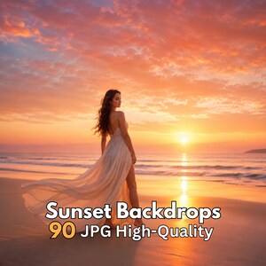 Puede incluir: Un gráfico digital que muestra a una persona con un vestido claro y fluido en una playa al atardecer. El texto dice: Sunset Backdrops 90 JPG High-Quality. La escena muestra nubes naranjas y rosas sobre el horizonte del océano al atardecer.