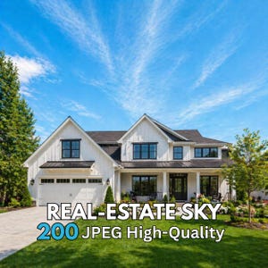 May include: A two-story white house with black trim and a dark roof under a bright blue sky with wispy clouds. The house has a large front porch and a well-manicured lawn. Text on the image reads "REAL-ESTATE SKY 200 JPEG High-Quality."