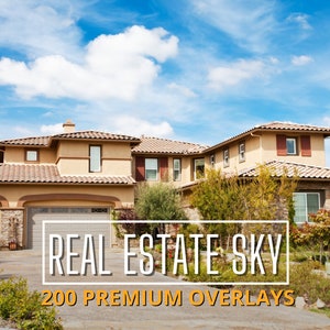 May include: A large, two-storey house with a tiled roof and a stone facade. The house has a large driveway and a lush green lawn. The text "REAL ESTATE SKY 200 PREMIUM OVERLAYS" is superimposed on the image.