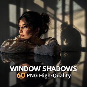 May include: A woman with dark hair in a bun, wearing a cream top, is lit by sunlight. The image includes window shadows and the text "WINDOW SHADOWS 60 PNG High-Quality". The scene is set against a reflective surface.