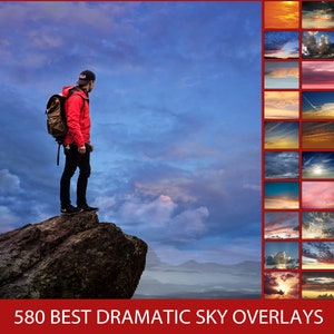 May include: A man wearing a red jacket and a backpack stands on a rocky cliff overlooking a cloudy sky. The image includes a collection of 580 best dramatic sky overlays.
