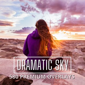 May include: A woman with long, flowing red hair sits on a rock formation, looking out at a dramatic sunset sky. The text "Dramatic Sky" and "580 Premium Overlays" is visible in the image.