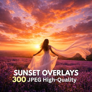 May include: A woman in a white dress stands in a field of purple flowers, holding a flowing white fabric. The background features a vibrant sunset with orange and purple clouds. Text on the image reads "SUNSET OVERLAYS 300 JPEG High-Quality."