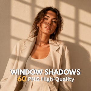 Pode incluir: Uma mulher com um blazer e top bege, com o texto "WINDOW SHADOWS 60 PNG High-Quality". A imagem tem iluminação quente e sombras suaves.