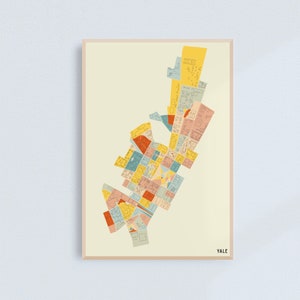 May include: A framed print featuring a colorful, abstract map design. The map is composed of various geometric shapes in shades of yellow, blue, red, and pink. The word "YALE" is printed in the bottom right corner.