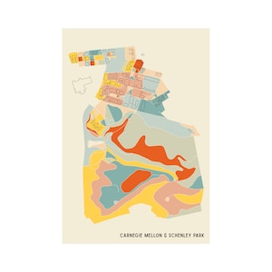 May include: A colorful map print of Carnegie Mellon & Schenley Park. The map features a variety of shapes and colors, including orange, yellow, blue, and pink, set against a cream background. The text "CARNEGIE MELLON & SCHENLEY PARK" is at the bottom.