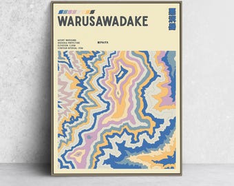 May include: A framed art print featuring a topographic map of Mount Warusawadake. The artwork displays a colorful, abstract representation of the mountain's contours in shades of blue, yellow, and purple. The title "WARUSAWADAKE" is printed at the top.