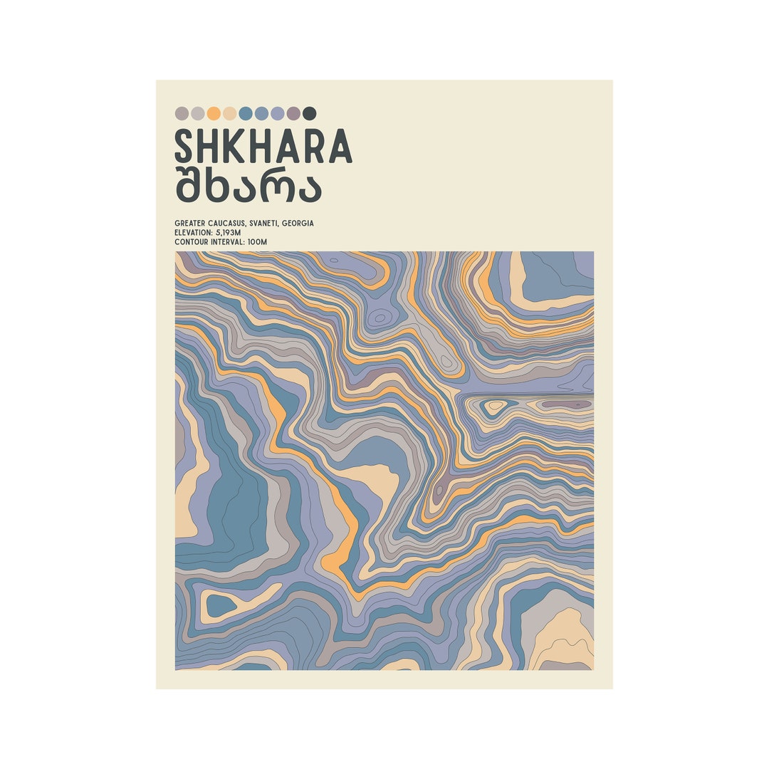 Shkhara Map SHKHARA, GEORGIA - Topographic Contour Map - Fine Art Giclée Print ...
