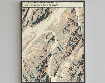 LES TROIS VALLÉES - Tarentaise Valley, Savoie Francia - Mountain Hillshade Mapa - Fine Art Giclée Print - Museum Quality