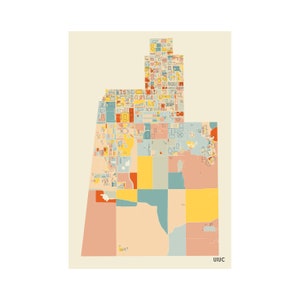 May include: A colorful, abstract map print with a cream-colored background. The map is divided into sections of various shapes and sizes, using a palette of pastel colors including peach, yellow, blue, and green. The letters "UIUC" are printed in the bottom right corner.