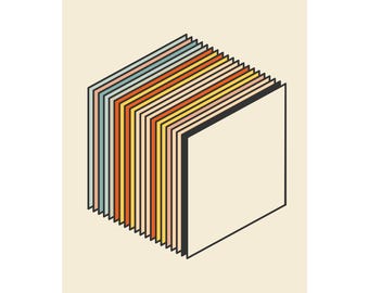 May include: An abstract illustration of a stack of books with colorful pages. The pages are in shades of blue, pink, orange, and yellow, with black outlines. The background is a light beige color.
