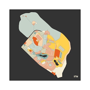 Puede incluir: Un mapa abstracto y colorido con varias formas y colores, incluyendo azul, naranja, amarillo y rosa, sobre un fondo gris oscuro. Las letras "UTM" están en la esquina inferior derecha.