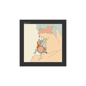 May include: Abstract art print featuring a site map of the Arecibo Observatory. The artwork uses a muted color palette of beige, orange, and blue, with black outlines. The text "ARECIBO OBSERVATORY SITE MAP" is visible in the upper left corner.