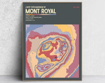May include: A rectangular wall art print featuring a topographic map of Mont Royal. The design includes the text CARTE TOPOGRAPHIQUE DE MONT ROYAL, QC-001, and geographical data. The map displays abstract, layered contour lines in shades of red, yellow, blue, and purple against a dark gray background.