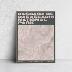 Może przedstawiać: Oprawiony wydruk z napisem "Cascada de Basaseachi National Park" pogrubioną czcionką. Wydruk ma ciemnozieloną górną część i jasnoróżowy wzór mapy topograficznej. Dolna część zawiera "No. 119", "Print Collection" i "MX-CHH".