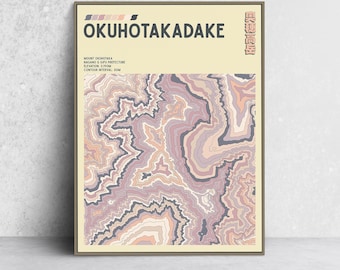 May include: A framed art print featuring a topographic map of Mount Okuhotaka in Japan. The artwork displays contour lines in shades of purple, pink, and beige against a cream background. Text includes the mountain's name, elevation, and location.