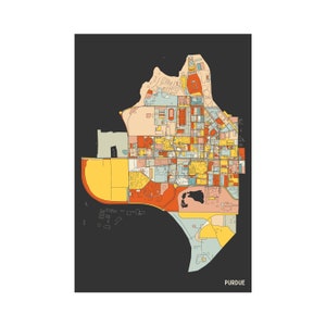 May include: A colourful map of Purdue University on a black background. The map is divided into sections with various colours, including yellow, orange, blue, and pink. The word "PURDUE" is printed in white at the bottom right corner.