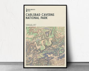May include: A framed poster featuring a topographic map of Carlsbad Caverns National Park in New Mexico. The poster has a black frame and includes the text "Carlsbad Caverns National Park" and "New Mexico 1930". The map uses shades of green, brown, and blue.