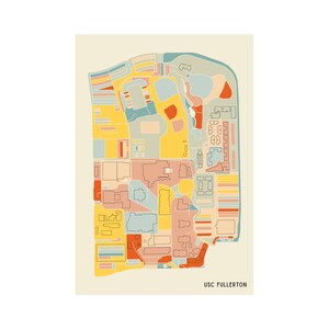 May include: A colorful, stylized map of the USC Fullerton campus, featuring buildings and landmarks in shades of yellow, orange, blue, and pink. The text "USC FULLERTON" is printed at the bottom of the image.