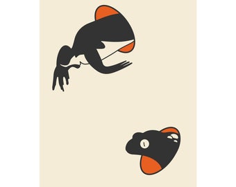 May include: Abstract art print featuring two stylized black figures with orange accents against a cream background. One figure appears to be diving, while the other is a head. The artwork has a minimalist aesthetic.