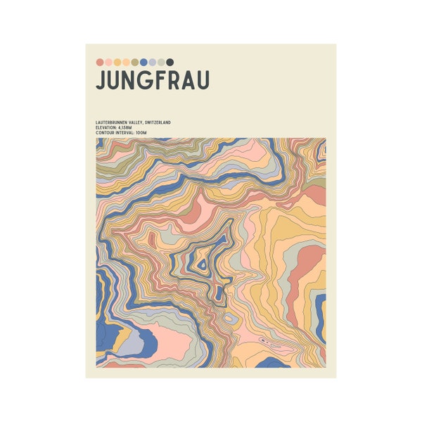 JUNGFRAU - Zwitserland Berner Alpen - Berg Topografische Contour Kaart - Fine Art Giclée Print - Museum Kwaliteit