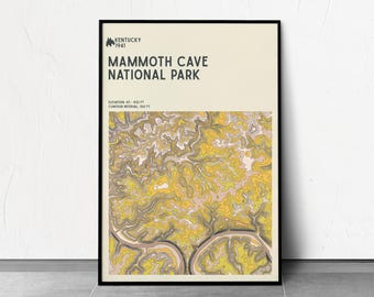 May include: A framed poster featuring a topographic map of Mammoth Cave National Park in Kentucky. The map uses shades of yellow, brown, and beige. The poster includes the park's name and elevation details.