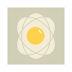 May include: A graphic illustration of a fried egg with a yellow yolk and a white egg white, surrounded by a gray atom symbol. The background is a solid light green color.