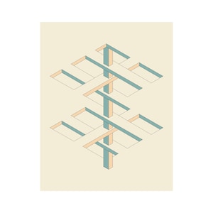 May include: Isometric illustration of a geometric structure in shades of beige, teal, and light orange. The design features a series of interconnected rectangular shapes and vertical supports, creating a layered effect. The artwork is set against a cream-colored background.