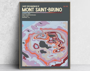 May include: A topographic map print of Mont Saint-Bruno featuring a dark gray background with text in white and orange. The central graphic displays abstract contour lines in shades of light blue, purple, orange, and dark gray, labeled QC-011.