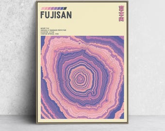 May include: Framed art print featuring a topographic map of Mount Fuji. The artwork displays concentric circles in shades of pink, purple, and blue, with the word "FUJISAN" in bold letters. Additional text includes the mountain's elevation and location.