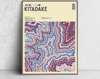 May include: Framed art print featuring a topographic map of Mount Kita in Yamanashi Prefecture, Japan. The artwork displays a colorful, abstract representation of the mountain's contours in shades of blue, pink, and burgundy. The title "KITADAKE" is printed at the top.