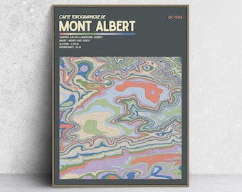 May include: A rectangular wall art print featuring a topographic map of Mont Albert. The design includes a dark gray background with text reading CARTE TOPOGRAPHIQUE DE MONT ALBERT QC-004, GASPÉSIE-ÎLES-DE-LA-MADELEINE, QUÉBEC, MASSIF: MONTS CHIC-CHOCS, ALTITUDE: 1154 M, ÉQUIDISTANCE: 25 M, and a colorful abstract contour line pattern in shades of blue, green, orange, and purple.
