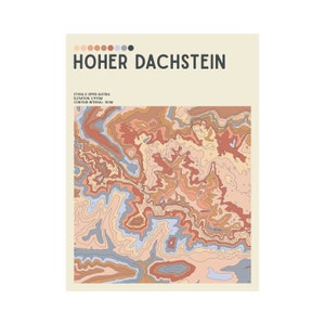 Könnte beinhalten: Ein Hoher Dachstein Poster mit einer topografischen Karte in Orange-, Pfirsich- und Blautönen. Das Poster enthält den Text "Hoher Dachstein" und Details über den Standort und die Höhe des Berges.