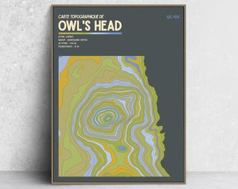 May include: A framed topographic map print of Owl's Head, Quebec, featuring a dark gray background with yellow, green, and blue contour lines. The text reads: CARTE TOPOGRAPHIQUE DE OWL'S HEAD, ESTRIE, QUÉBEC, MASSIF: MONTAGNES VERTES, ALTITUDE: 756 M, ÉQUIDISTANCE: 15 M, QC-012.