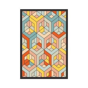 May include: Geometric pattern in a rectangular format. The design features a repeating pattern of interlocking hexagons in shades of orange, yellow, pink, blue, and green, outlined in black. The artwork is set against a white background.