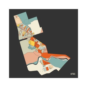 Puede incluir: Un diseño de mapa abstracto y colorido con varias formas geométricas y bloques de color en tonos naranja, azul, amarillo y beige. El mapa tiene un fondo gris oscuro y el texto "UTSC" en la esquina inferior derecha.