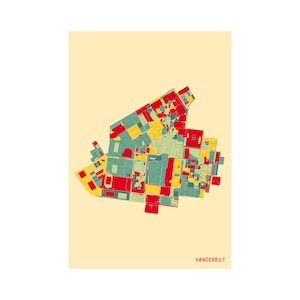 May include: An abstract map of Vanderbilt University, with buildings in red, yellow, and teal against a cream backdrop. The word "VANDERBILT" is printed in a dark colour at the bottom of the image.