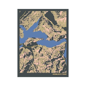 May include: A print of a map of Vierwaldstättersee, Switzerland, in shades of blue, tan, and green. The map is framed in a dark gray border. The lake and surrounding mountains are depicted in a stylized, artistic manner. The text "VIERWALDSTÄTTERSEE" is at the bottom.